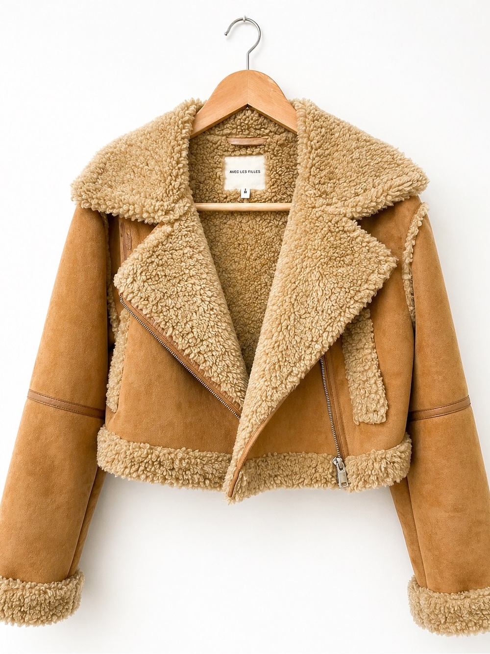 Avec Les Filles Cropped Sherpa Moto Jacket Faux Suede Shearling Coat M